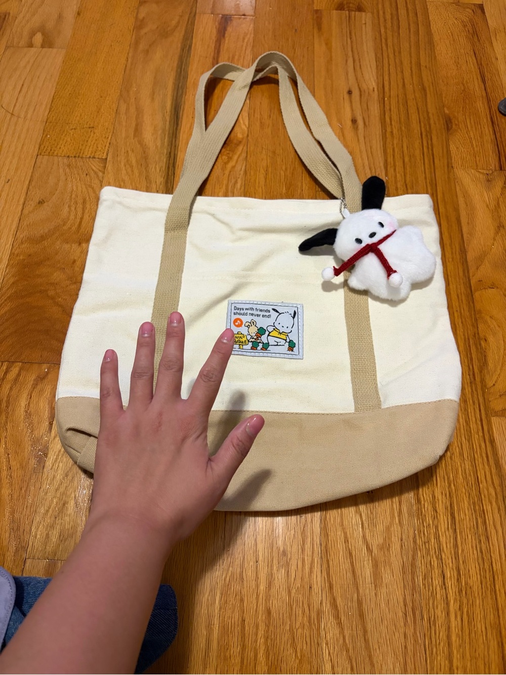 Cream Canvas Kids Tote Bag with Plush Bunny Charm